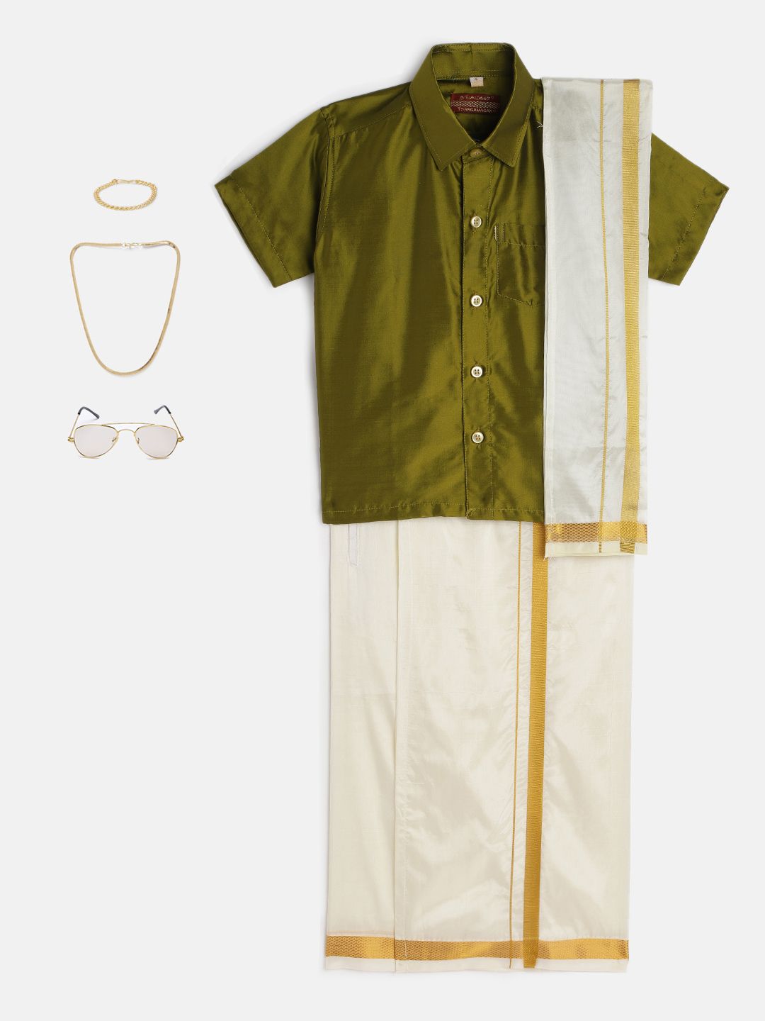 THANGAMAGAN Boys Olive Green & Cream-Coloured Solid Shirt with Dhoti Pants & Freebies Set-picture-30