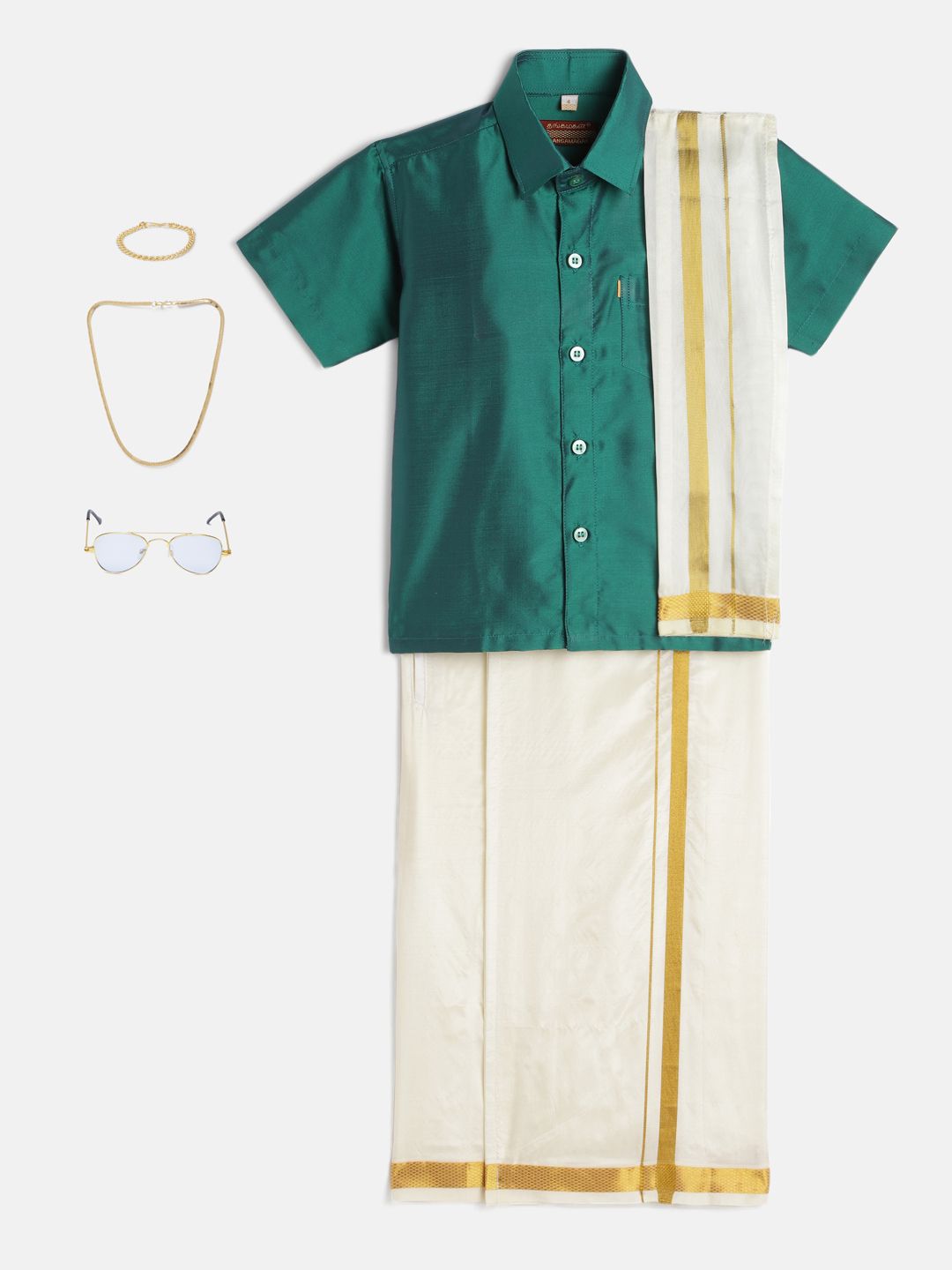 THANGAMAGAN Boys Sea Green Shirt with Cream-Coloured Dhoti, Towel, And Freebies Set-picture-35
