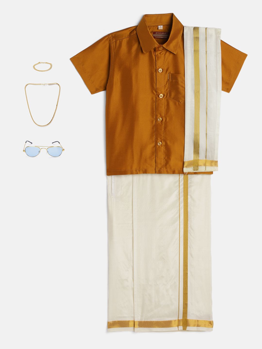 THANGAMAGAN Boys Mustard Shirt with Self-attaching Dhoti, Towel And Freebies Set-picture-24