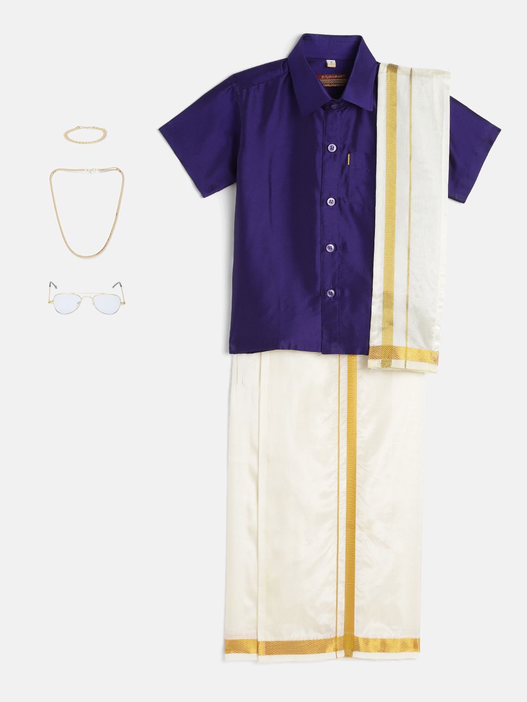THANGAMAGAN Boys Violet & Cream-Coloured Solid Shirt with Dhoti Pants & Accessories Set-image-21