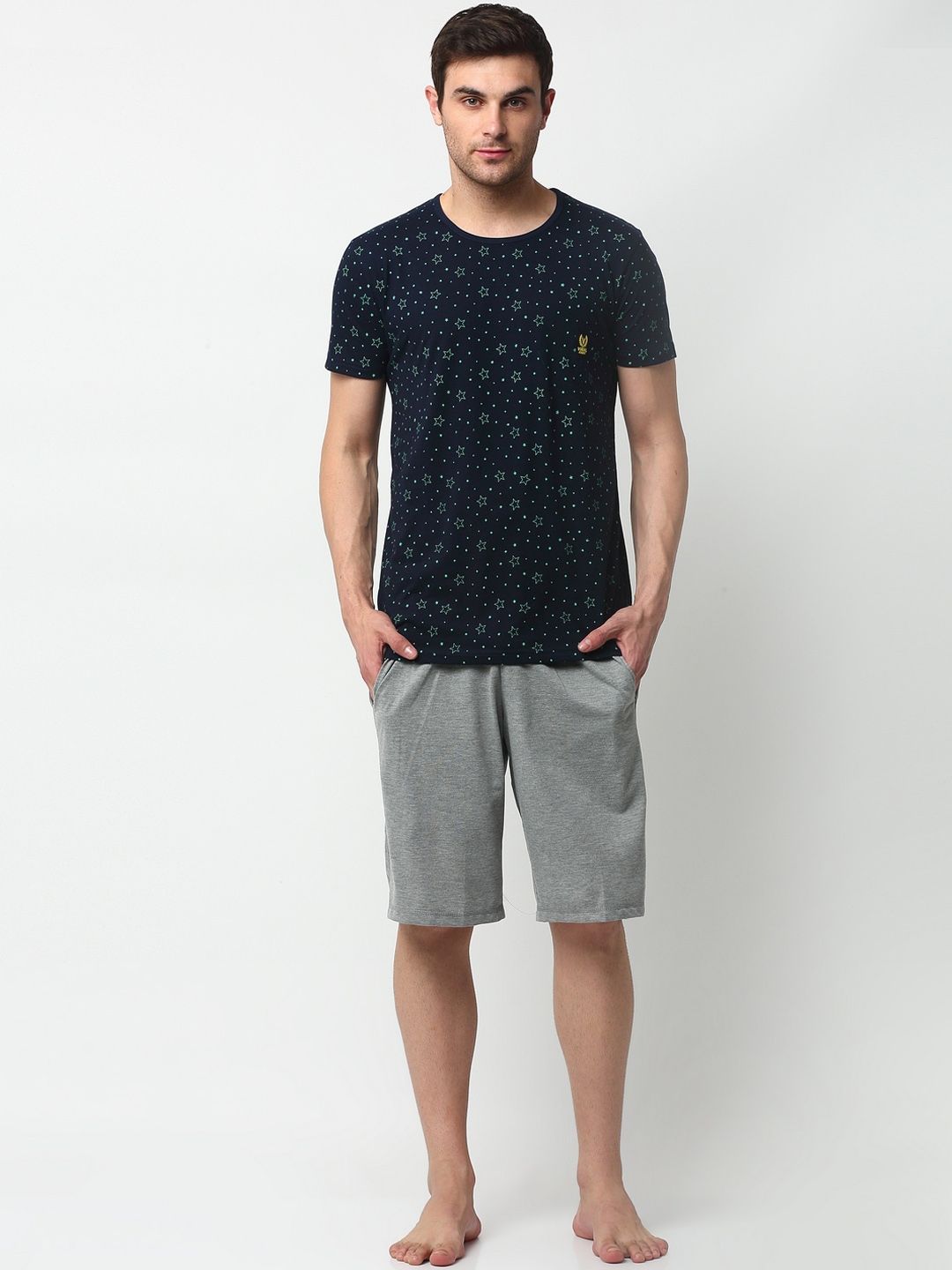 mack jonney VIMAL JONNEY Men Navy Blue & Grey Printed Pure Cotton Night Suit-picture-55