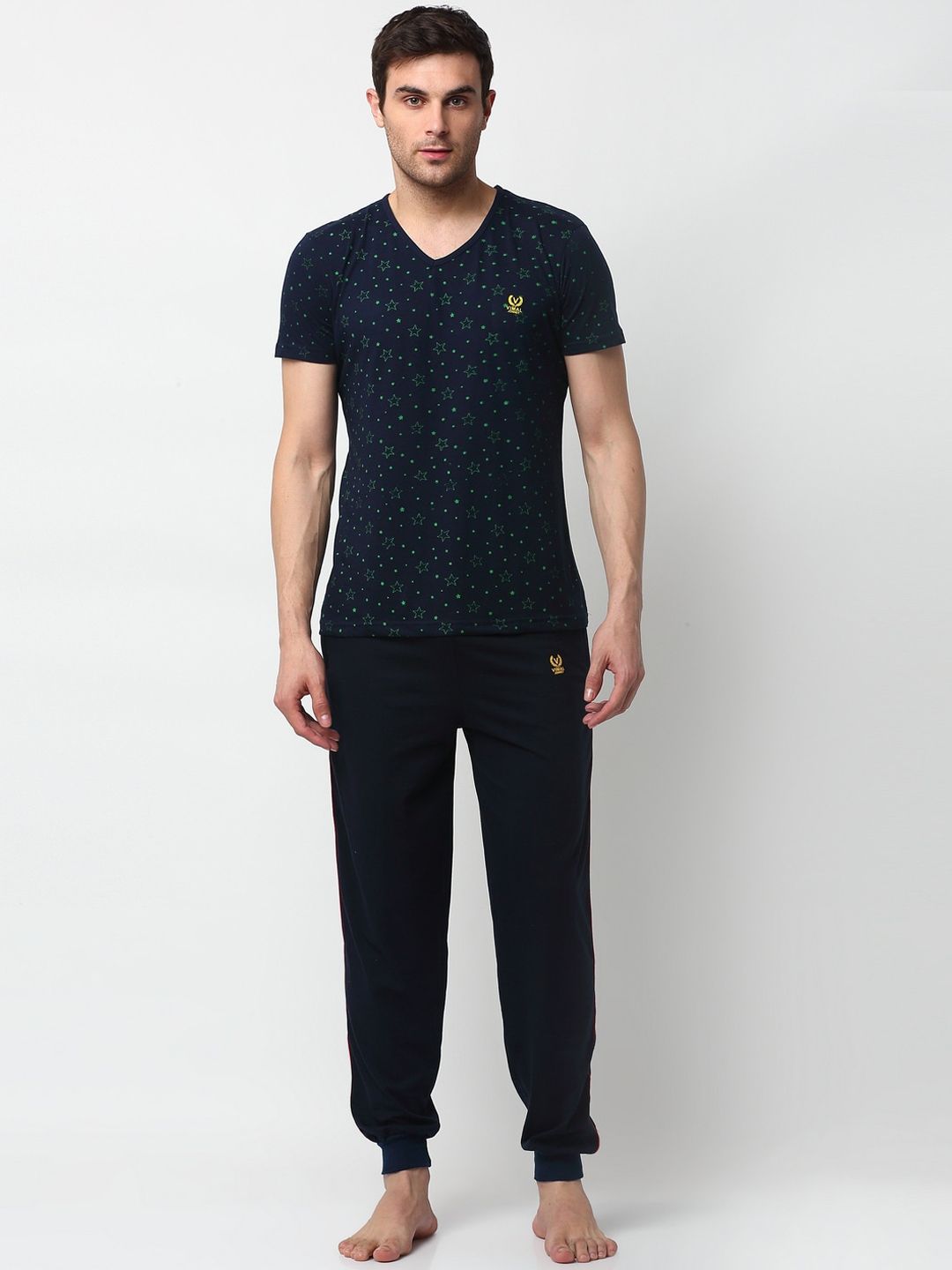 mack jonney VIMAL JONNEY Men Navy Blue & Green Printed Night Suit-picture-23