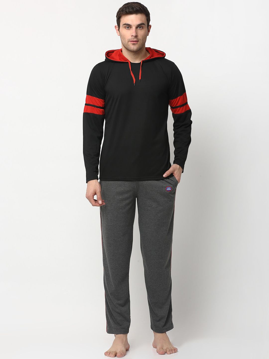 mack jonney VIMAL JONNEY Men Grey & Black Solid Cotton Blend Track Suit-picture-38