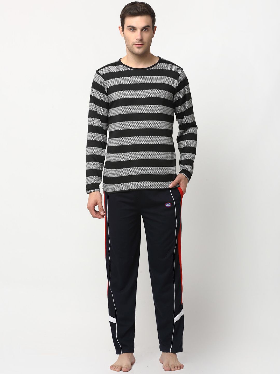 mack jonney VIMAL JONNEY Men Black & Grey Striped Pure Cotton Night Suit-picture-55
