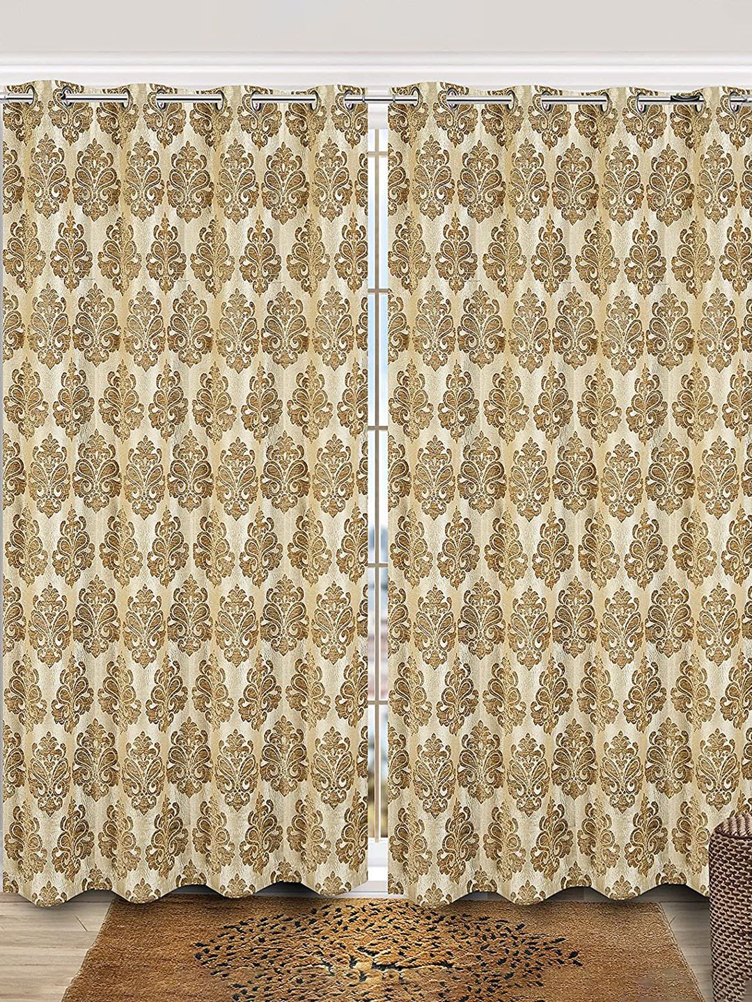 Saral Home Gold-Toned & Beige Set of 2 Room Jacquard Darkening Long Door Curtain-image-30