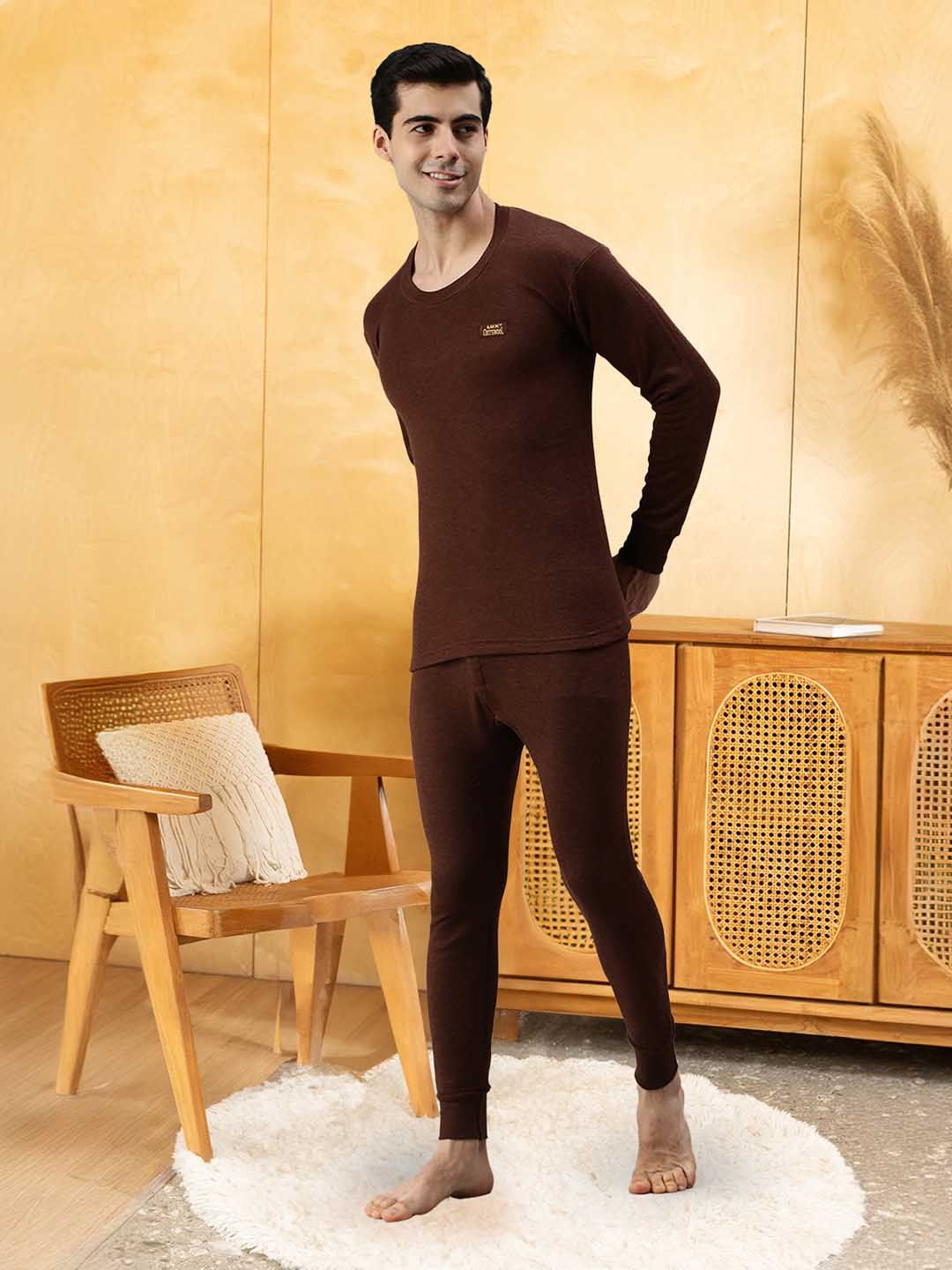 Lux Cottswool Men Brown Solid Knitted Thermal Set-image-28