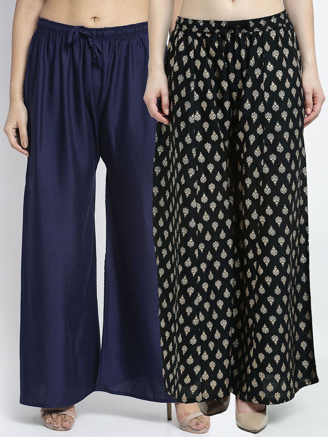 GRACIT Women Navy Blue & Black Set Of 2 Ethnic Motifs Printed Knitted Palazzos-picture-25