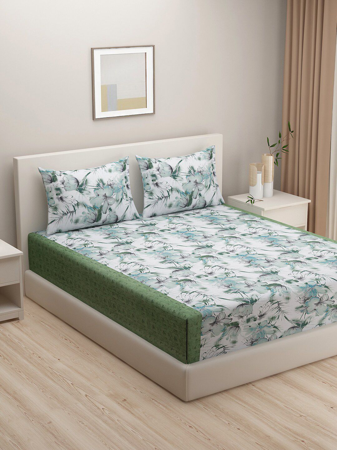 SWAYAM Green & White Floral 144 TC King Bedsheet with 2 Pillow Covers-picture-28