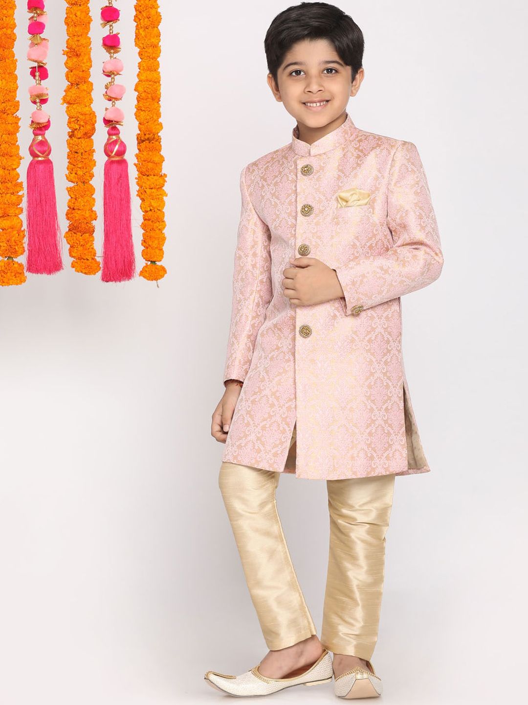 VASTRAMAY Boys Pink & Gold-Coloured Woven-Design Brocade Slim Fit Sherwani Set