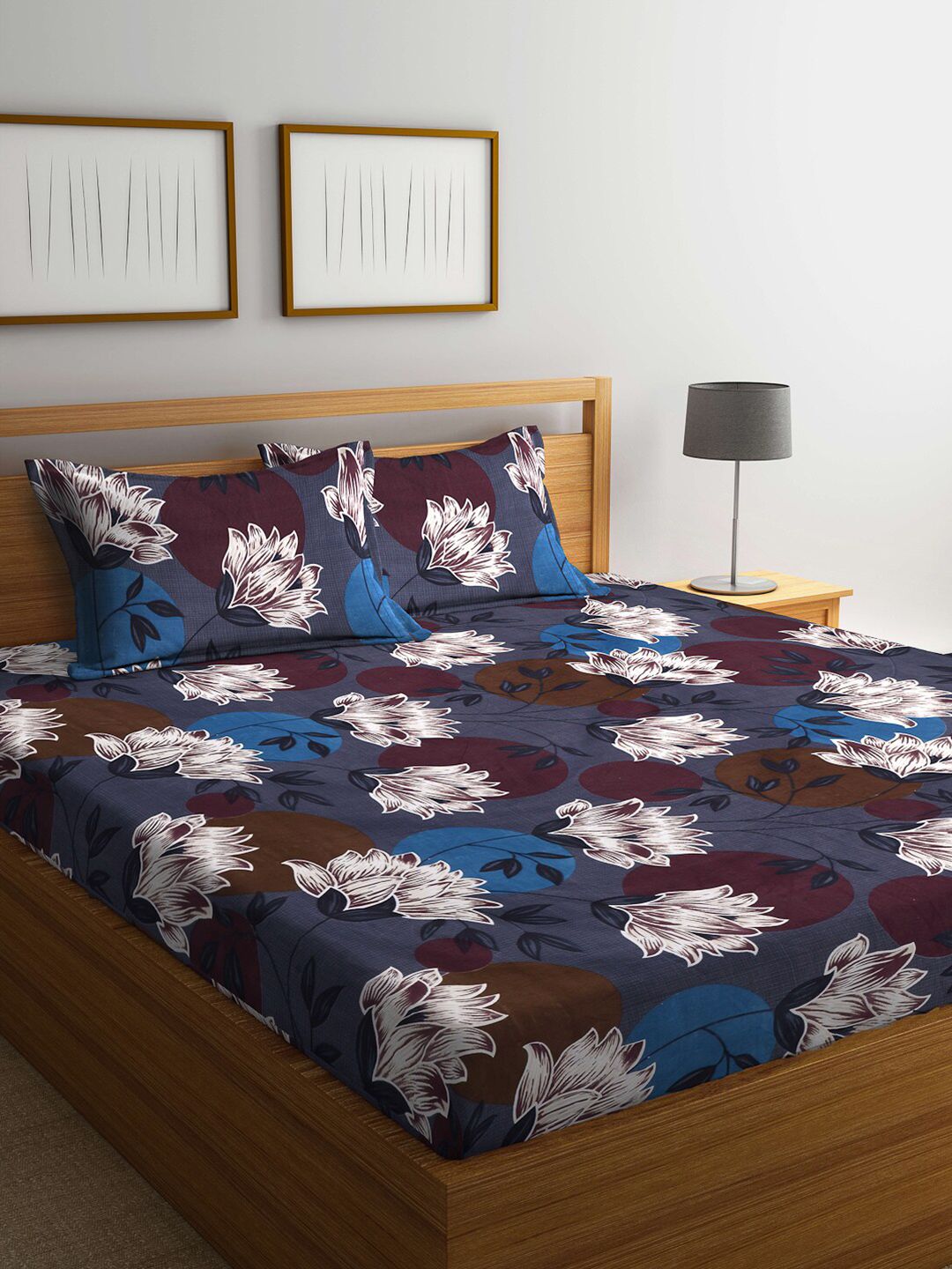 Arrabi Blue & Maroon Floral 300 TC King Bedsheet with 2 Pillow Covers-picture-17