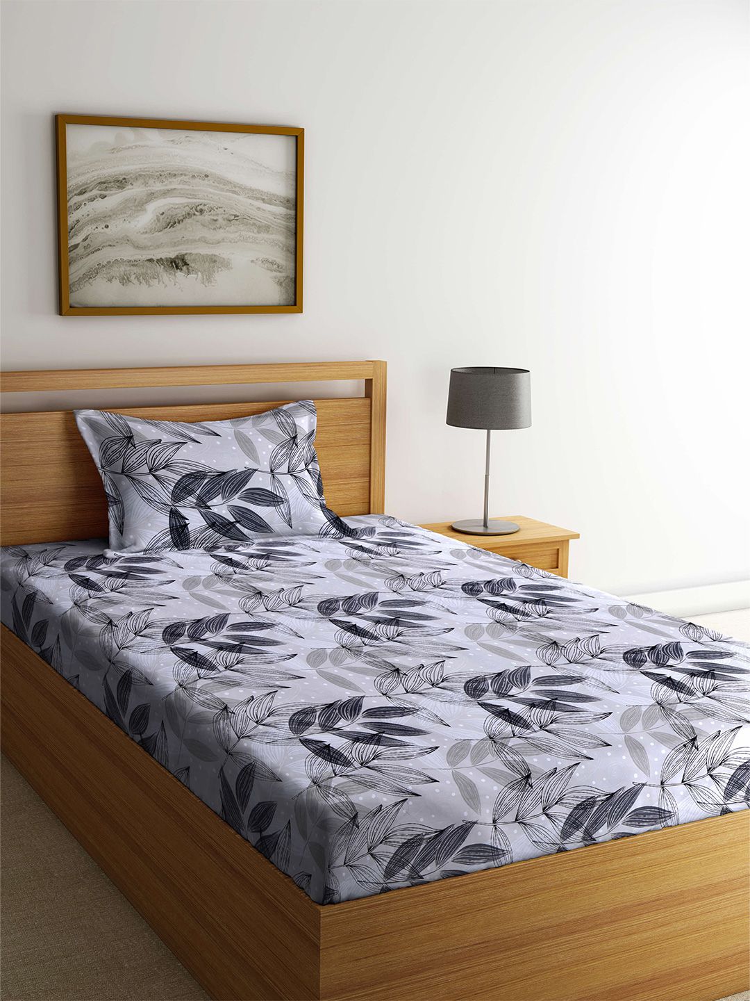 Arrabi Grey & White Floral 130 TC Single Bedsheet with 1 Pillow Covers-image-15
