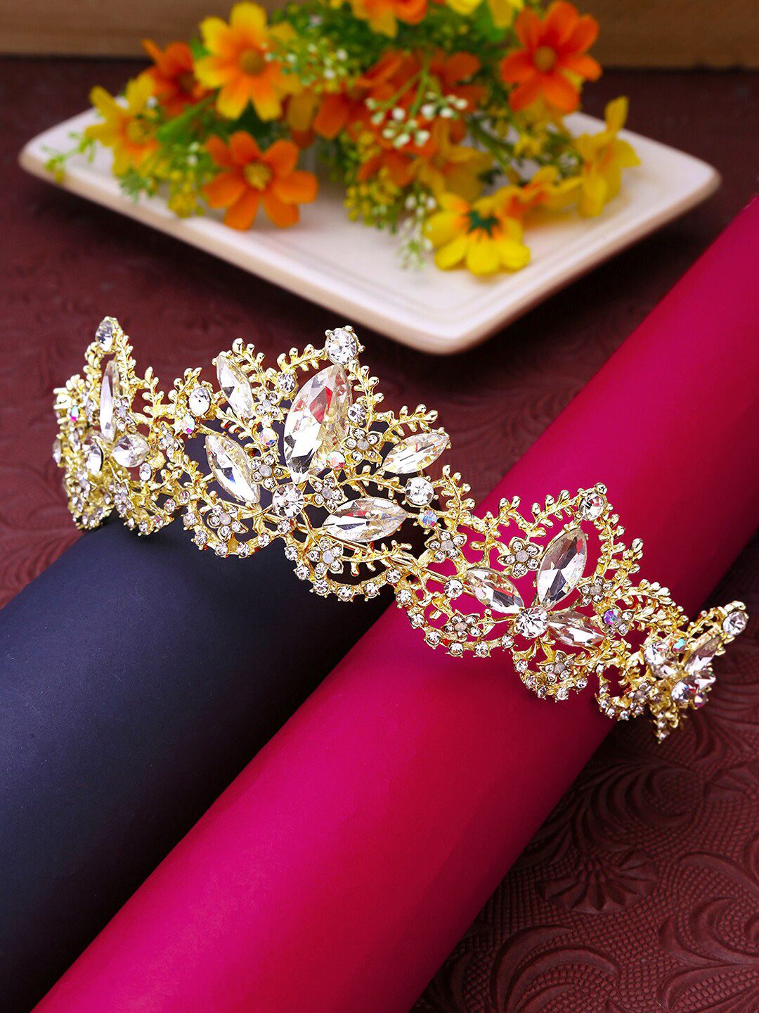 Yellow Chimes Women Silver-Toned & Gold-Toned Embellished Tiara-picture-28