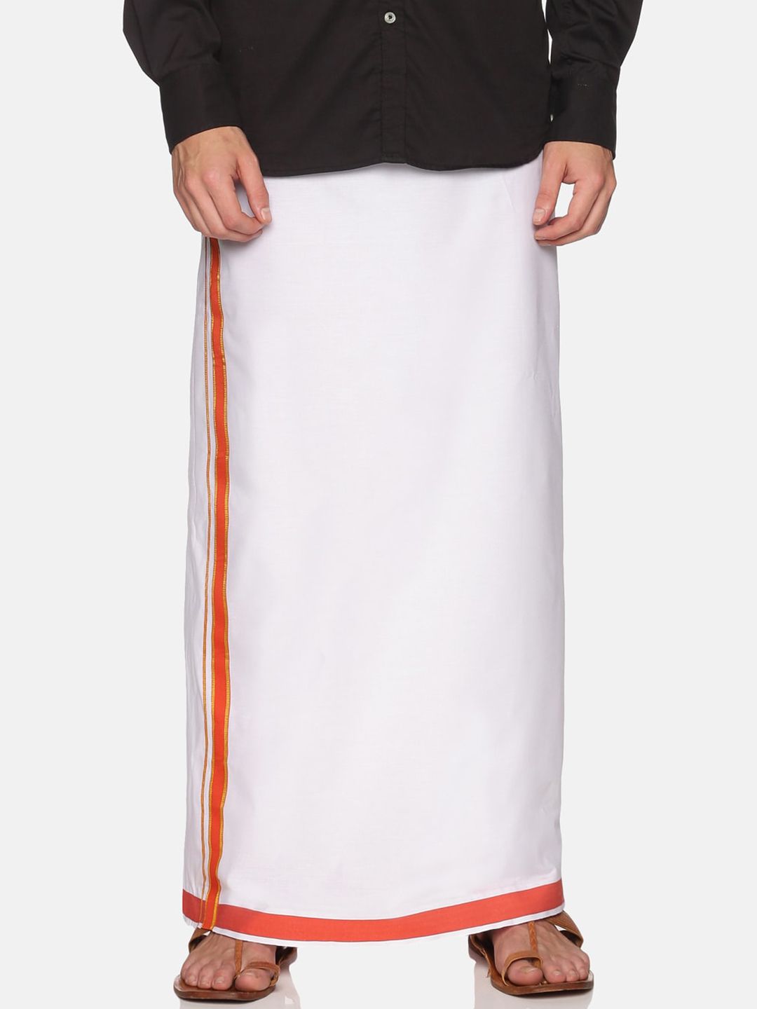 Sethukrishna Men White With Orange Border Ready To Wear Cotton Dhoti-image-9