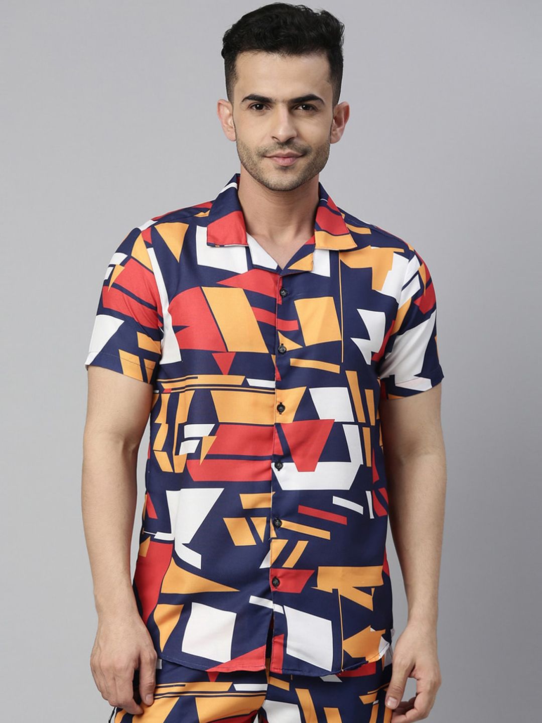 Bushirt Men White & Navy Blue Geometric Printed Pure Cotton Night suit-picture-21