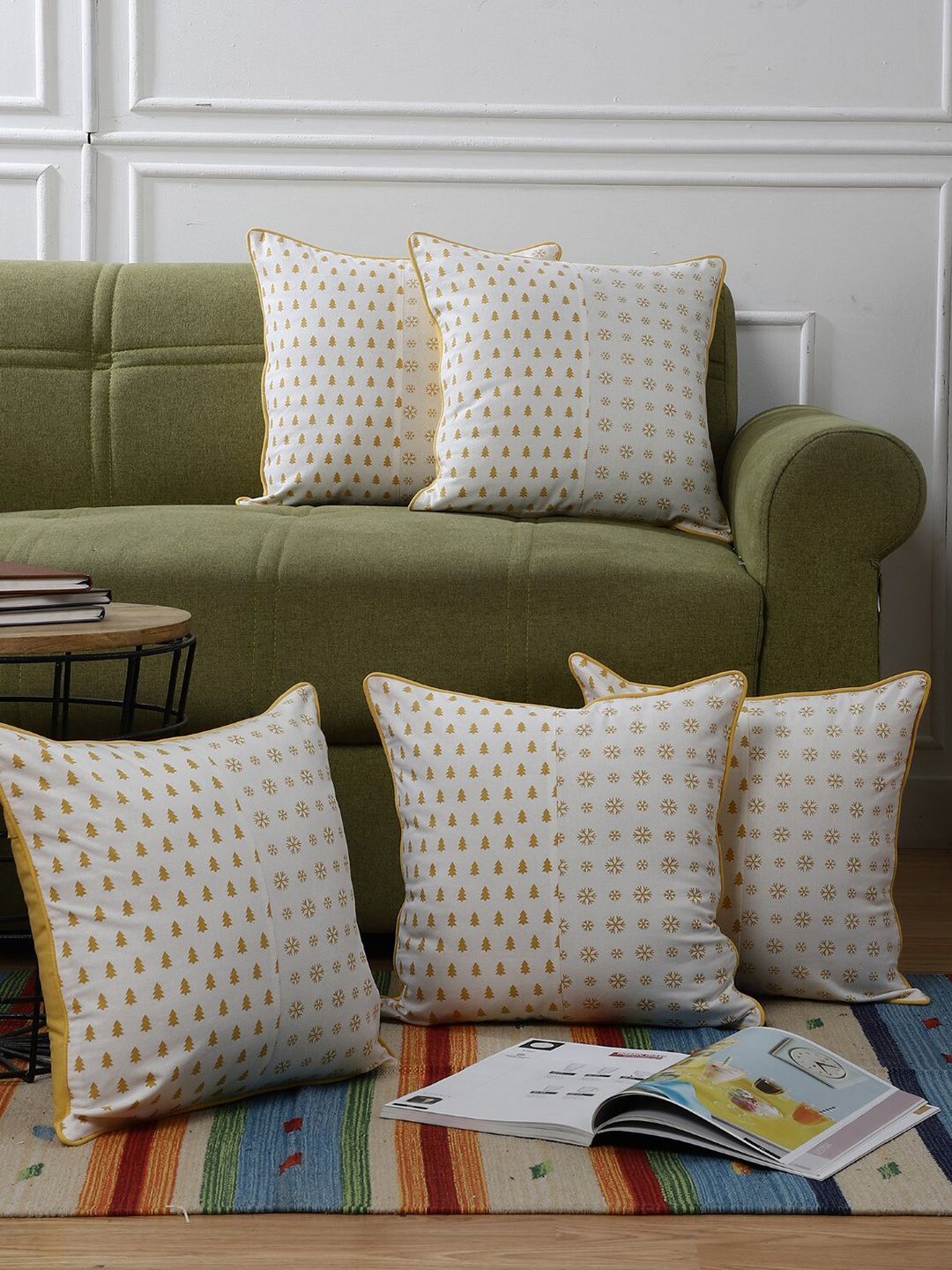 The Decor Mart White & Gold-Toned Set of 5 Ethnic Motifs Square Cushion Covers-picture-41