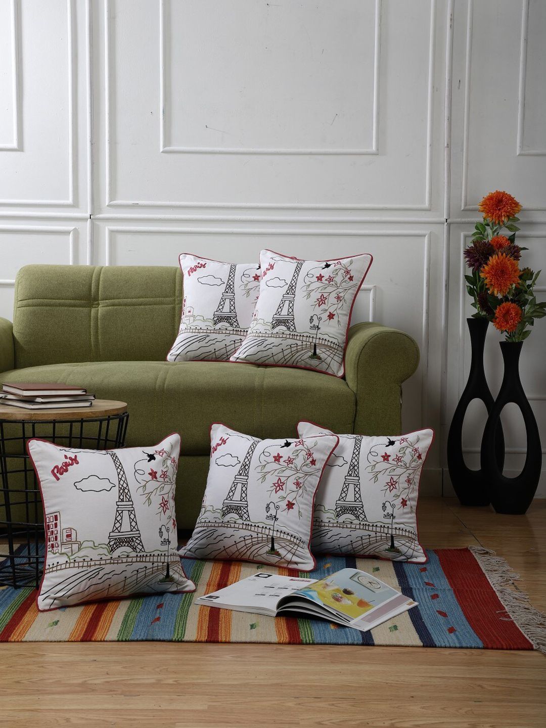 The Decor Mart White & Black Set of 2 Embroidered Square Cushion Covers-picture-30