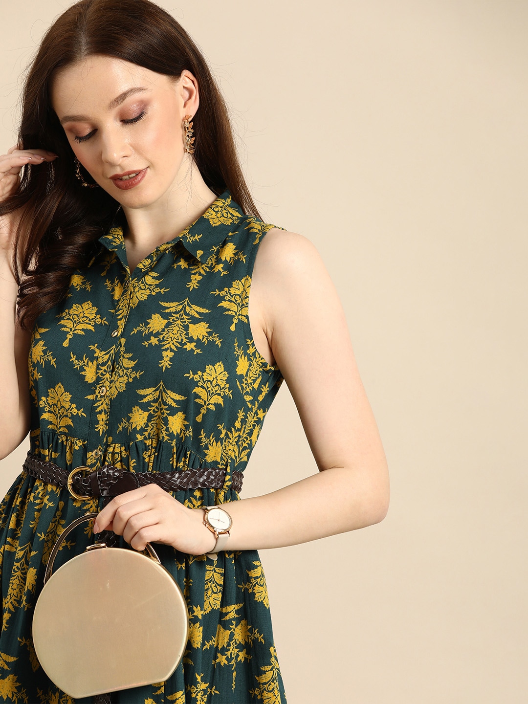 all about you Green & Yellow Floral Pure Cotton Sleevless Gathered Midi Dress