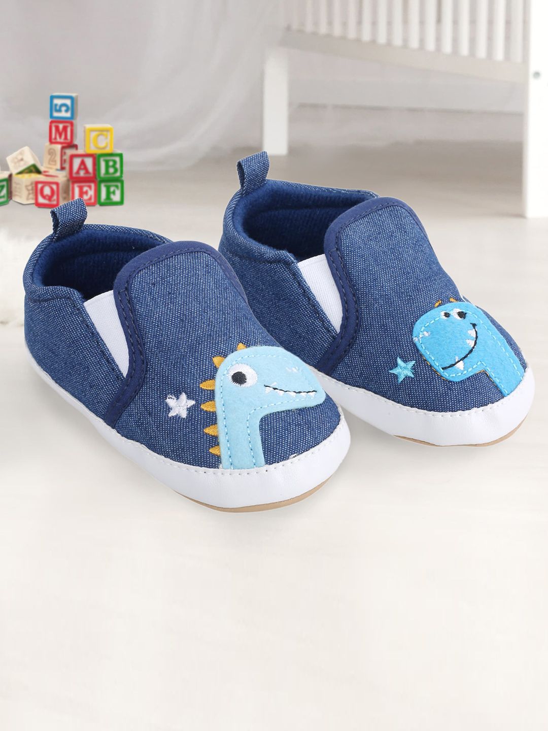 Baby Moo Kids Blue & Yellow Printed Denim Booties