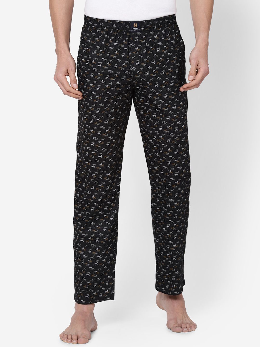 URBAN SCOTTISH Men Black & Brown Printed Pure Cotton Lounge Pants-picture-38