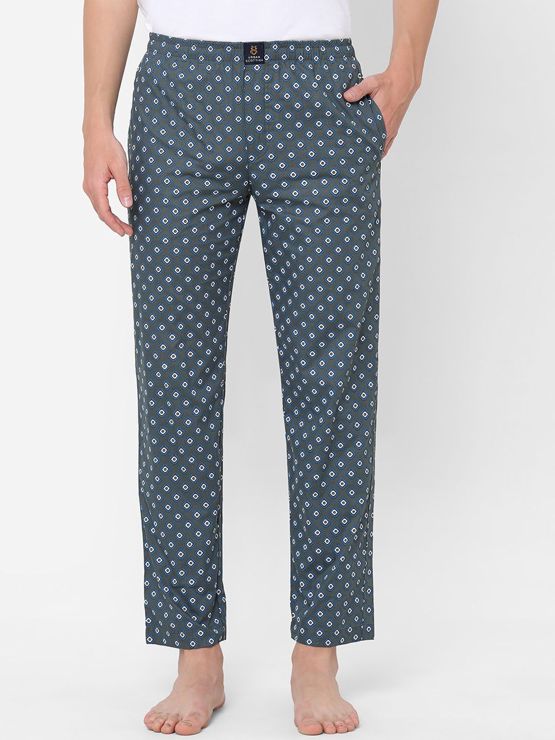 URBAN SCOTTISH Men Blue & Grey Printed Pure Cotton Lounge Pants-picture-38