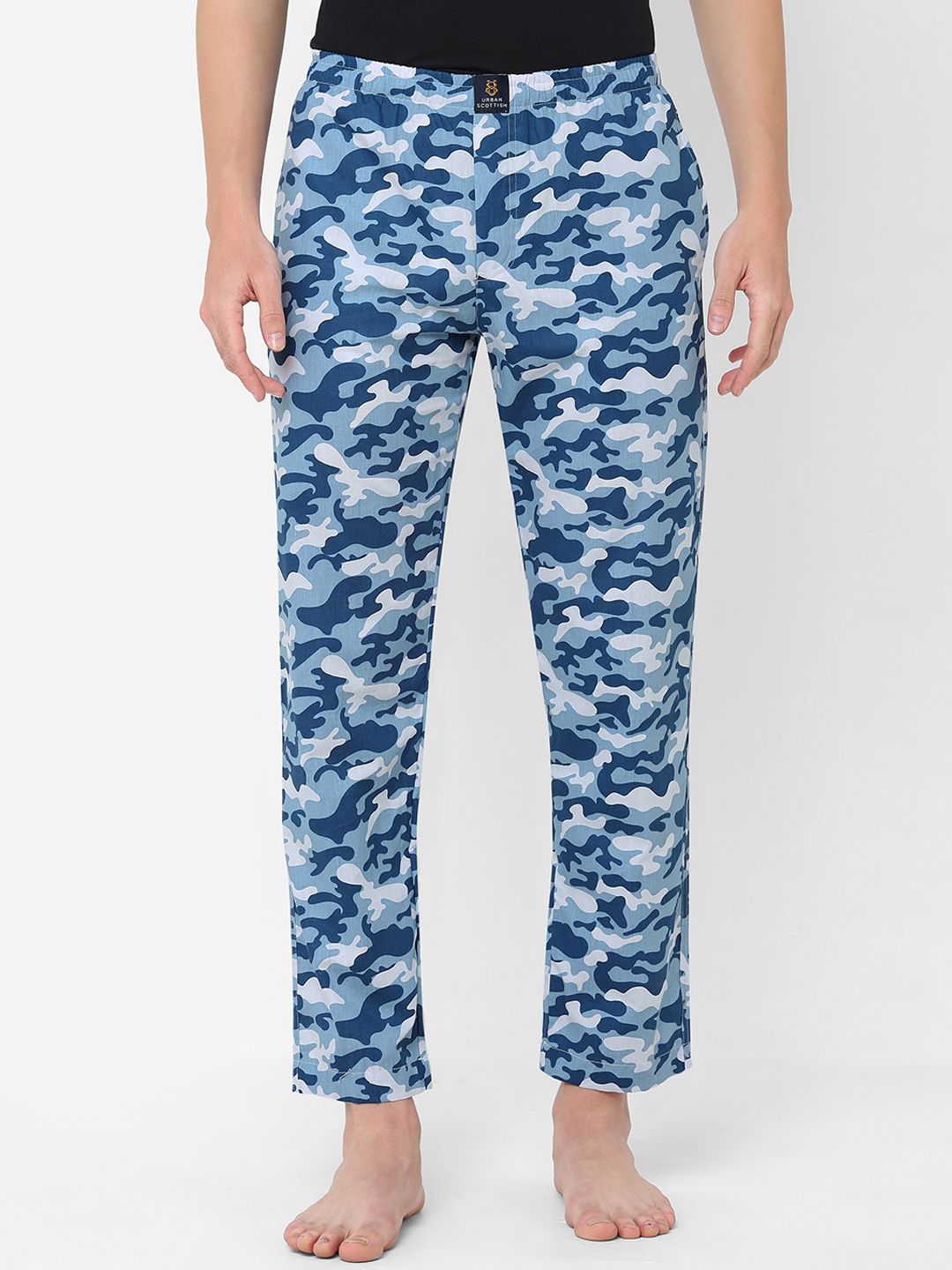 URBAN SCOTTISH Men Blue & White Printed Pure Cotton Lounge Pants-picture-37