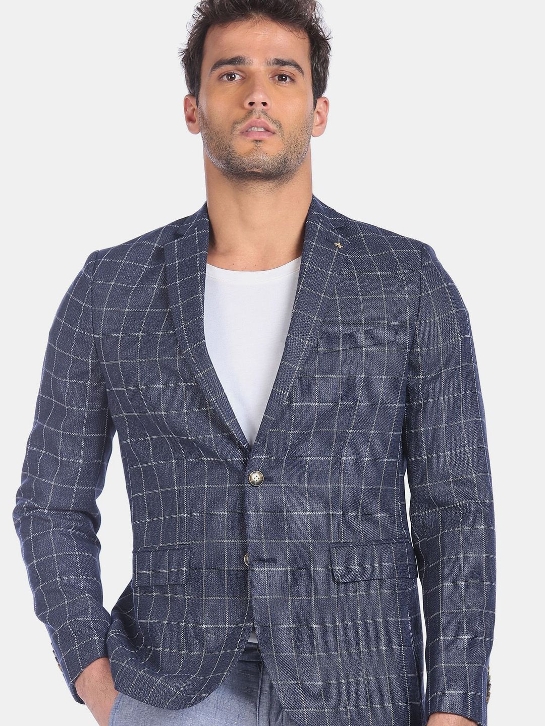 Arrow Men Blue & White Checked Single Breasted Casual Blazer-picture-45