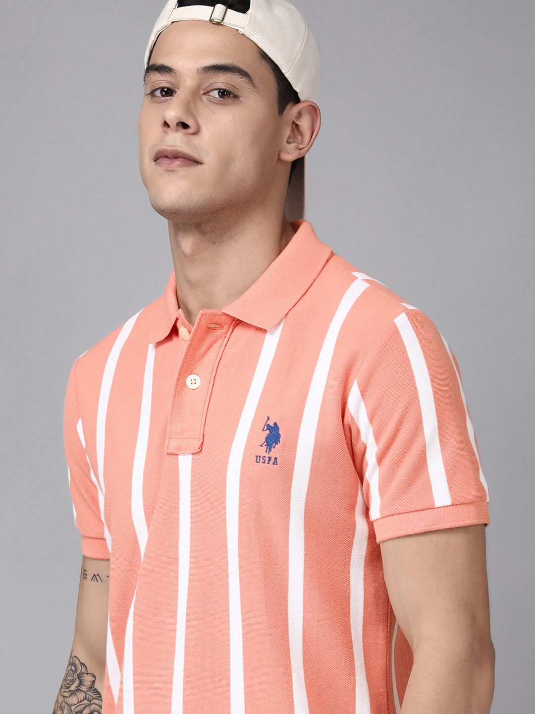 U S Polo Assn Men Peach-Coloured & White Striped Polo Collar Slim Fit T-shirt