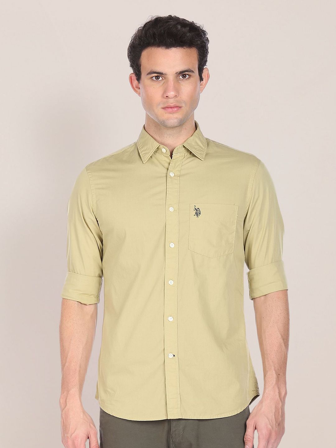 u.s. polo assn. U S Polo Assn Men Beige Solid Tailored Fit Formal Shirt-picture-37