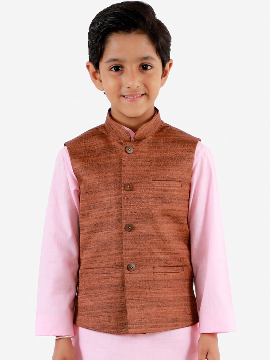 VASTRAMAY Boys Coffee Brown Solid Slim Fit Woven Nehru Jacket-picture-27