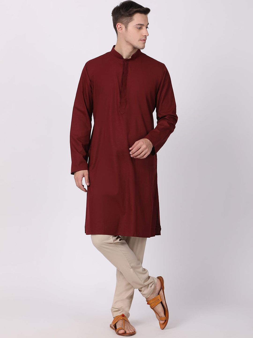 TABARD Men Maroon Solid Mandarin Collar Cotton Kurta-picture-17