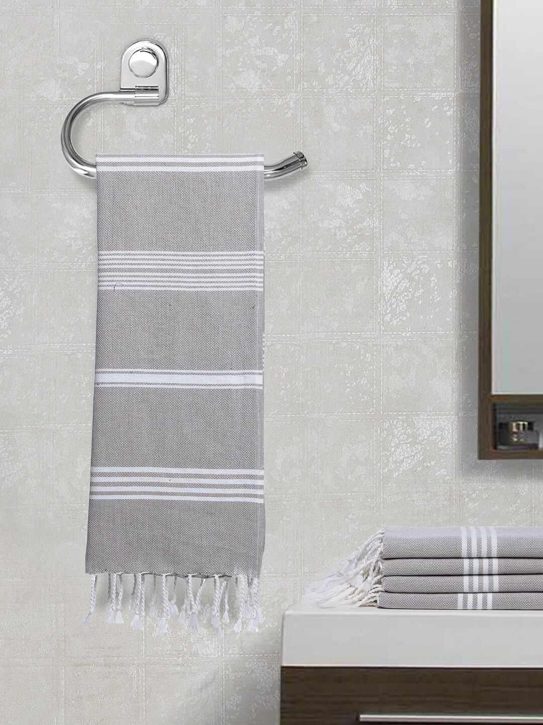 Arrabi Set Of 5 Grey & White Striped 210 GSM Pure Cotton Hand Towels-picture-41