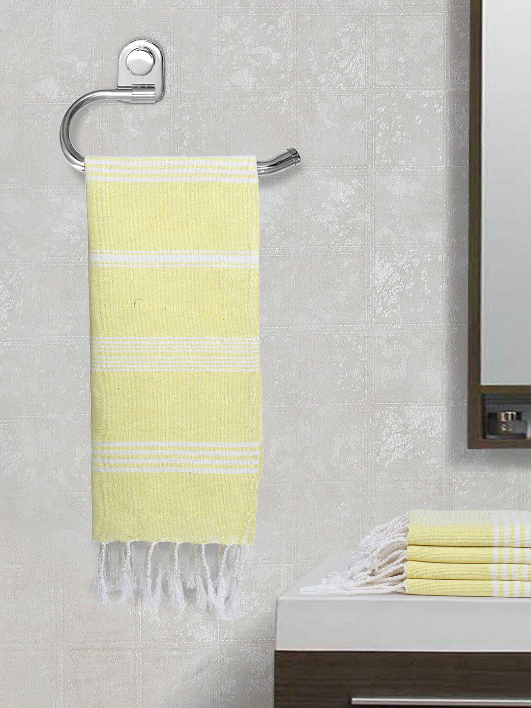 Arrabi Set Of 5 Yellow & White Striped 210 GSM Cotton Hand Towels-picture-29