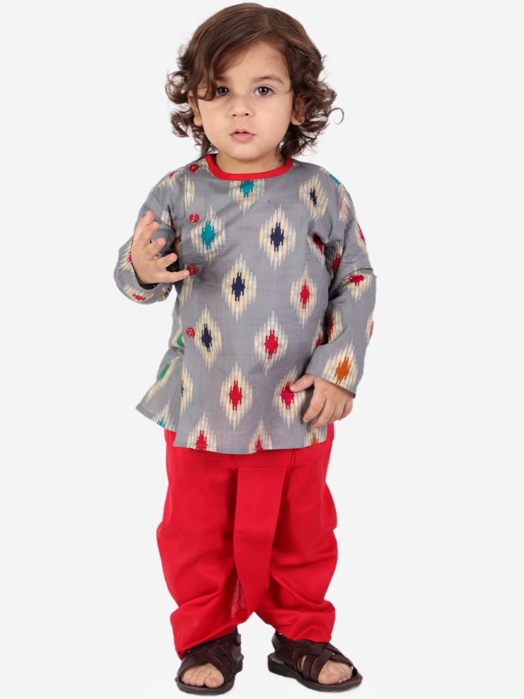 KID1 Boys Grey & Red Printed Pure Cotton Kurta with Dhoti Pants