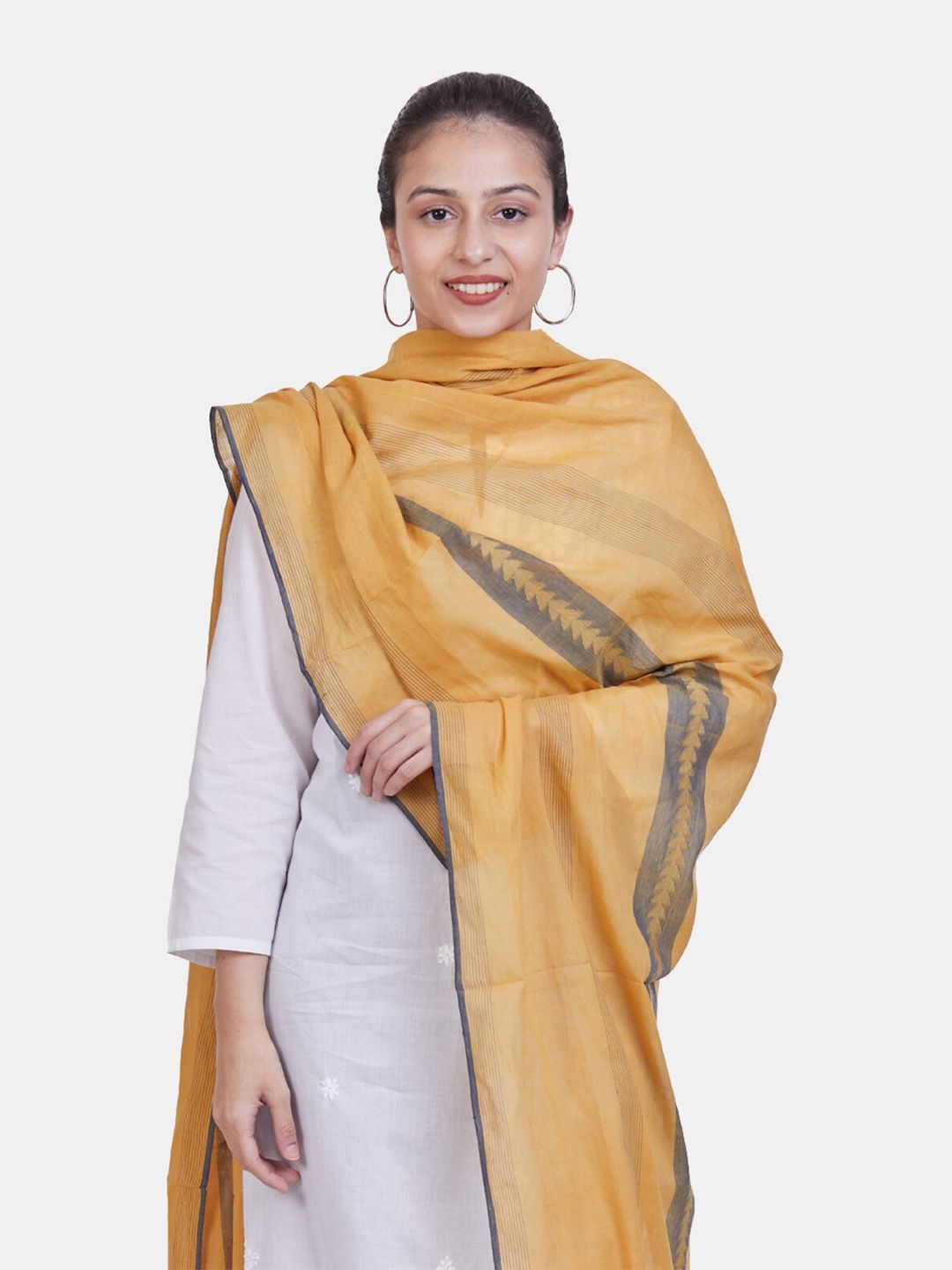 ASVA Yellow & Grey Striped Pure Cotton Dupatta-image-40