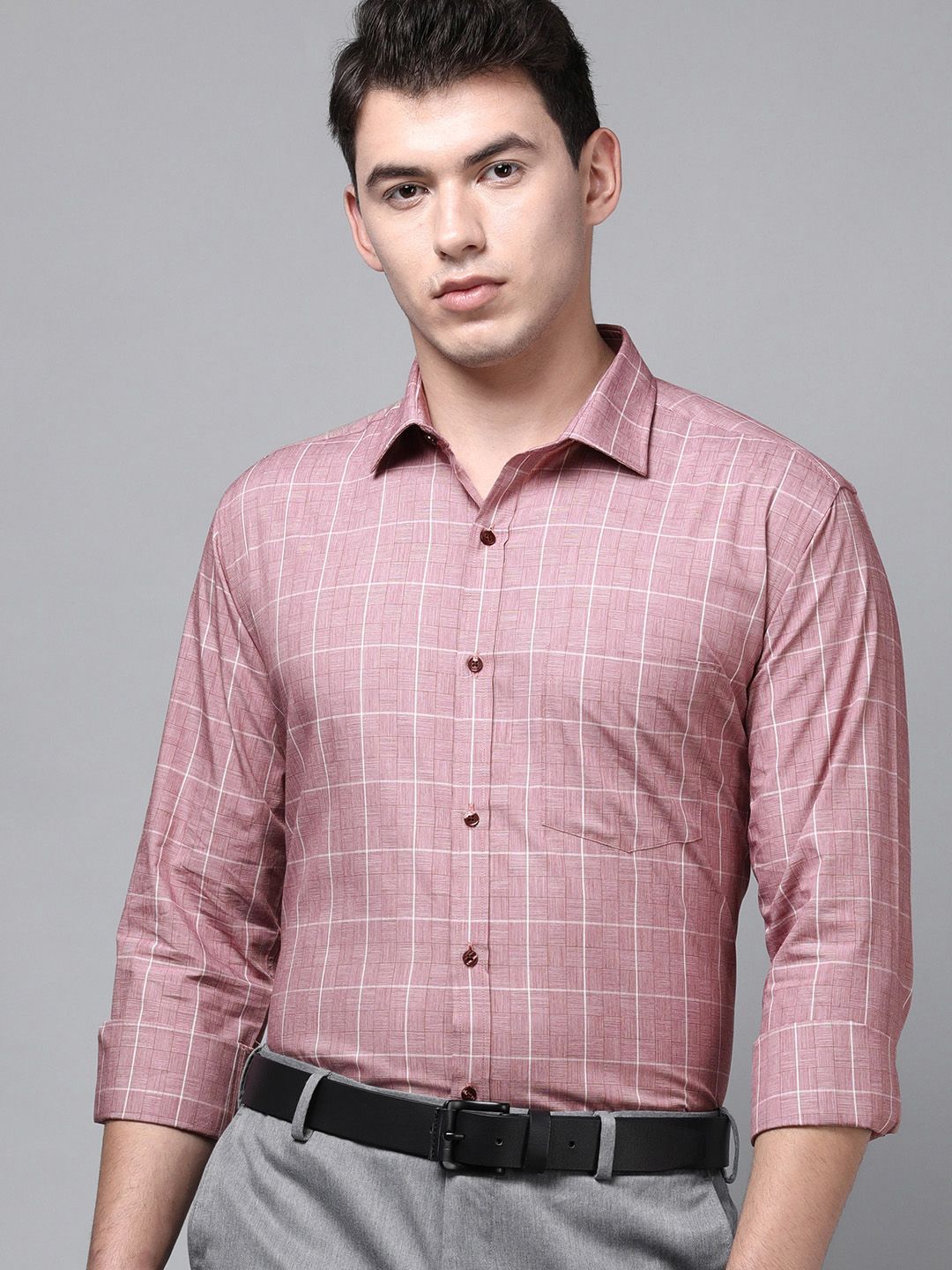 Park Avenue Men Pink Slim Fit Windowpane Checked Pure Cotton Formal Shirt-picture-12