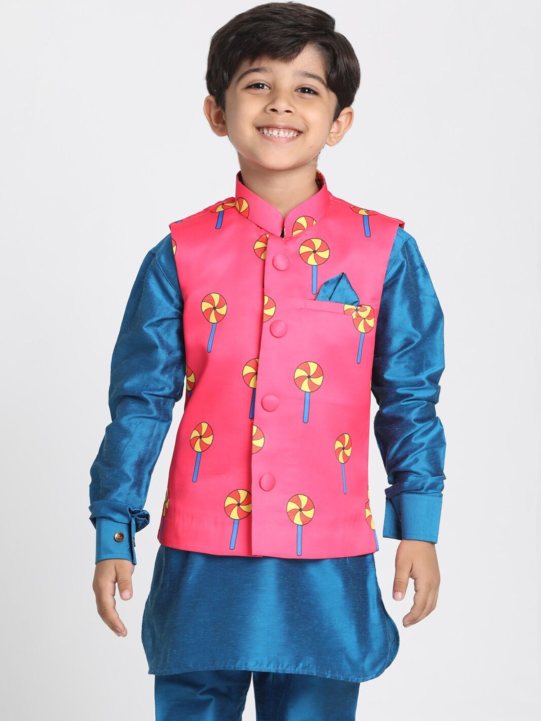 JBN Creation Boys Pink & Blue Printed Slim-Fit Woven Nehru Jacket-picture-41