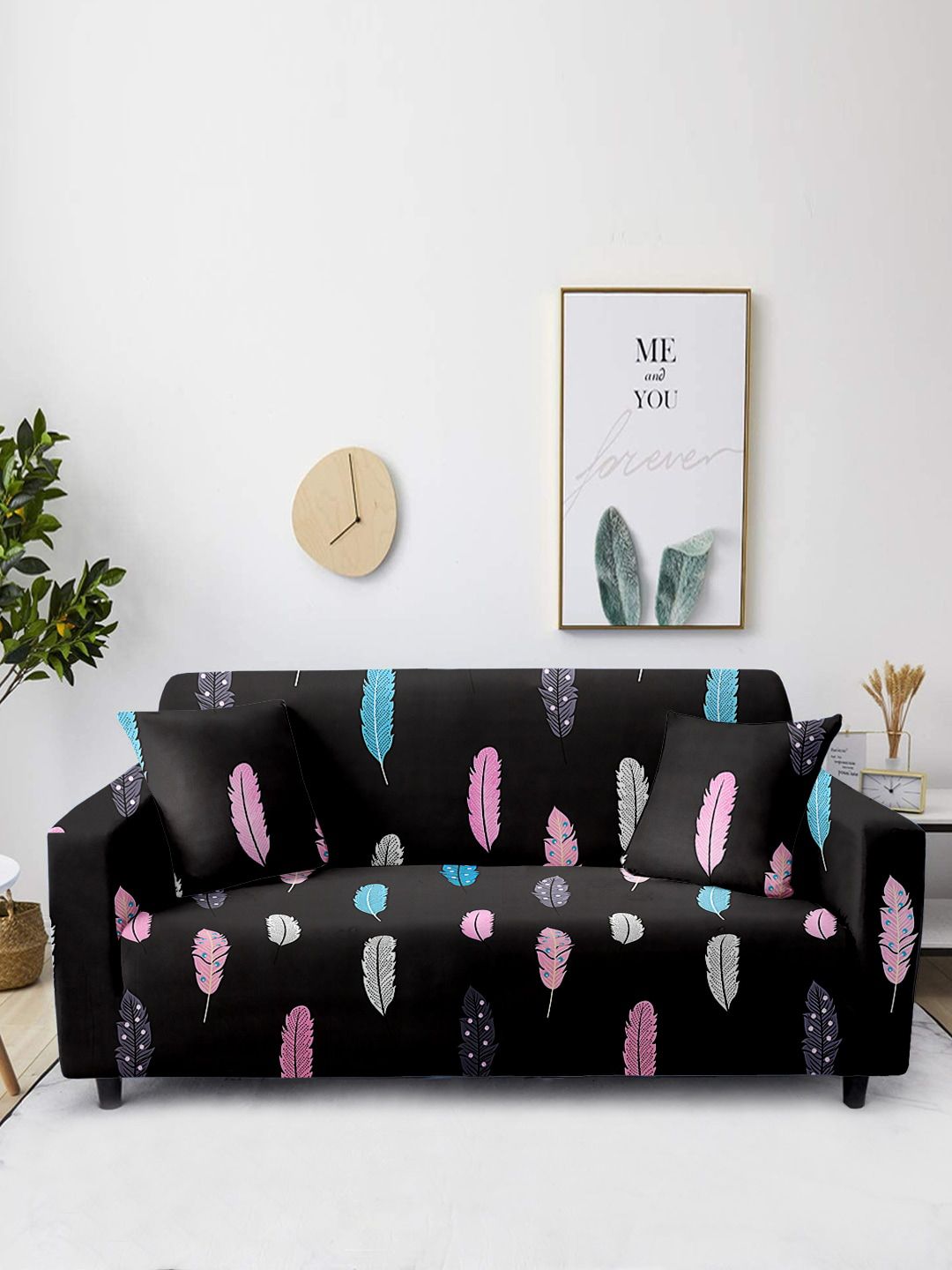 Aura Black & Pink Printed 2-Seater Non-Slip Sofa Cover-image-1