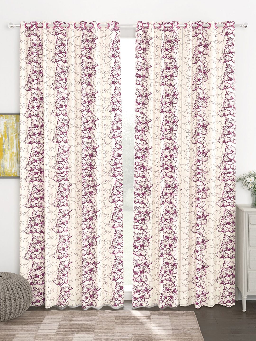 Story@home Cream-Coloured & Purple Set of 4 Floral Jacquard Door Curtain-picture-14
