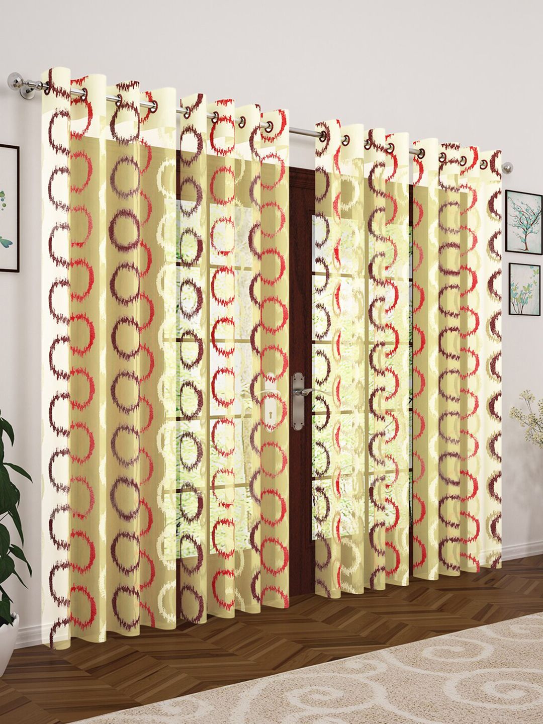 Story@home Yellow & Red Set of 4 Embroidered Sheer Door Curtains-image-11