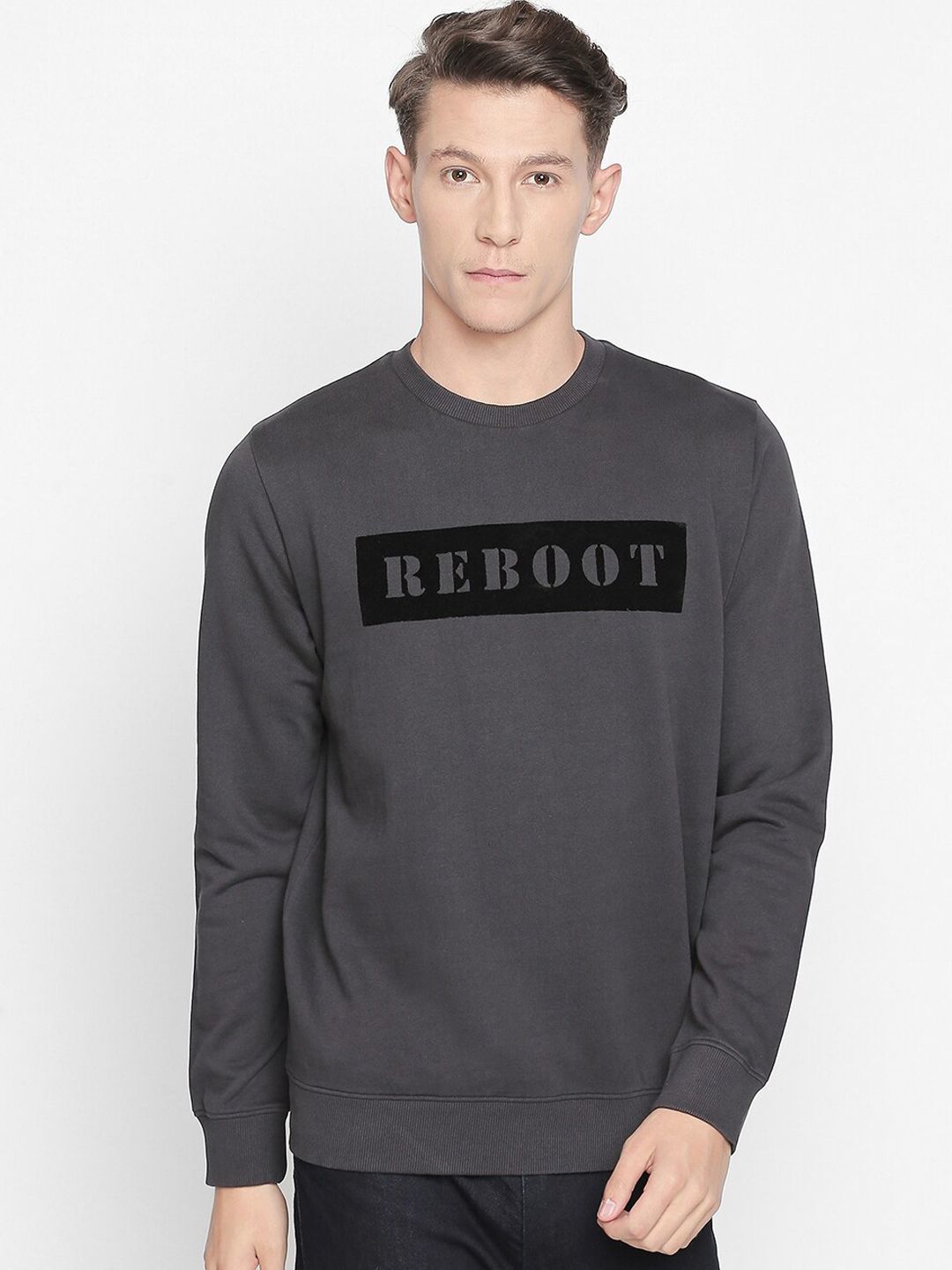Basics Men Charcoal Typography Printed Sweatshirt-picture-37