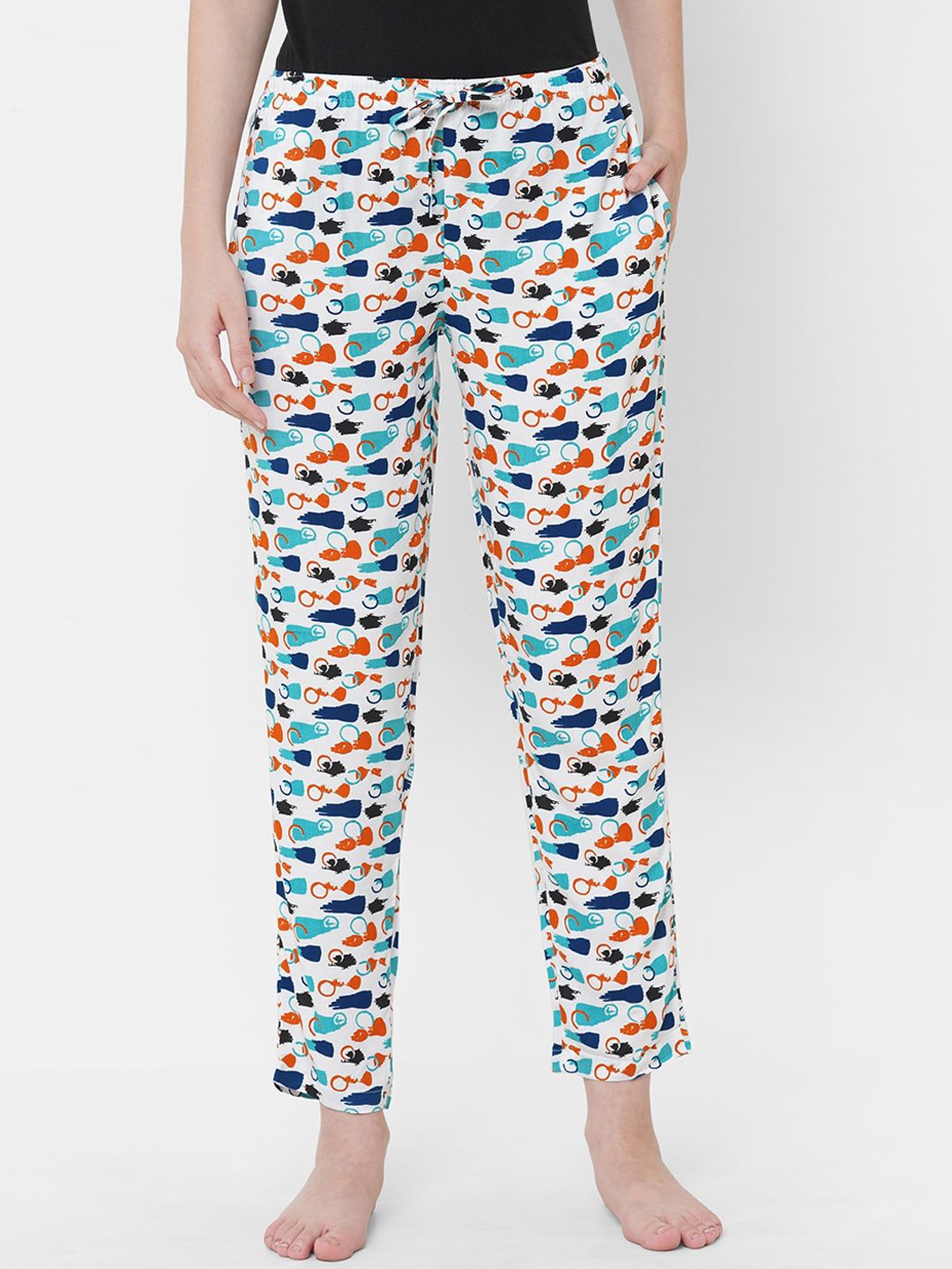 URBAN SCOTTISH Women White & Blue Printed Lounge Pants-image-40