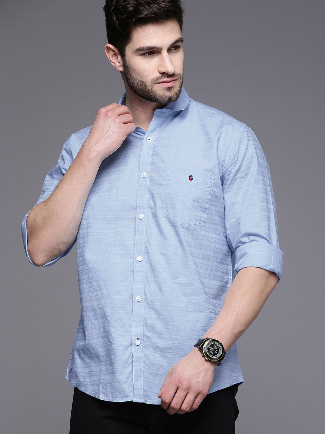 Louis Philippe Sport Men Blue Slim Fit Horizontal Stripes Pure Cotton Casual Shirt-picture-47