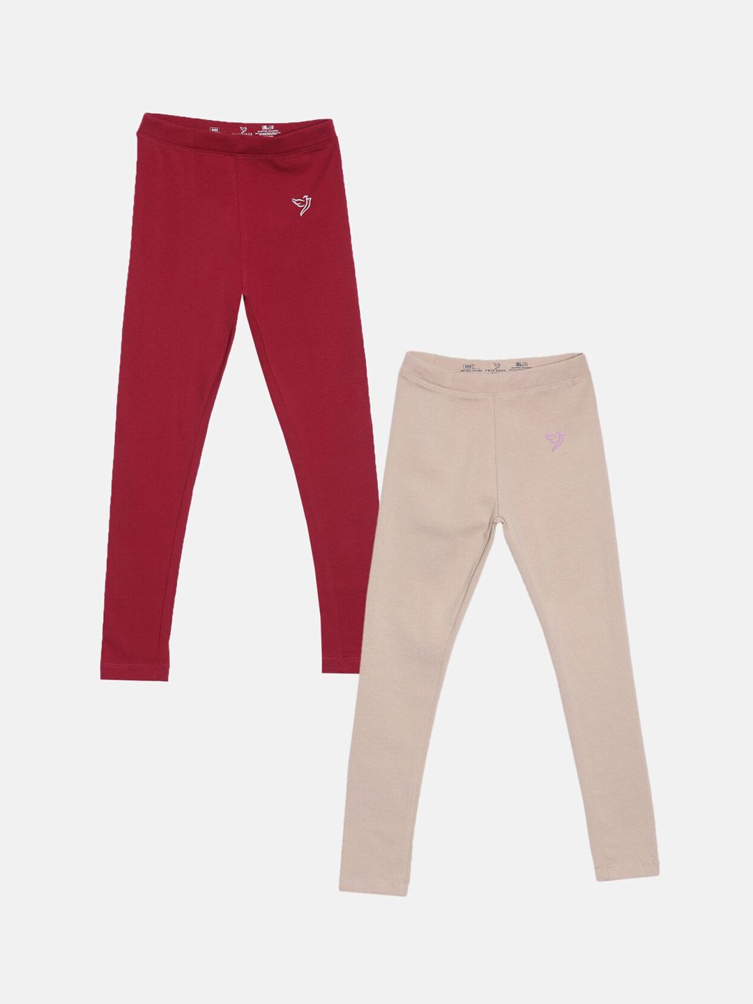 TWIN BIRDS Girls Pack Of 2 Beige & Red Pure Cotton Tailored-Fit Ankle-Length Leggings-picture-15