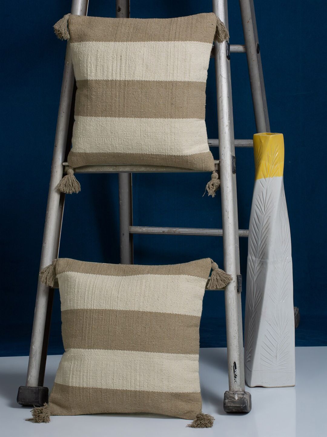 HOSTA HOMES Beige & Brown Set of 2 Striped Square Cushion Covers-picture-14