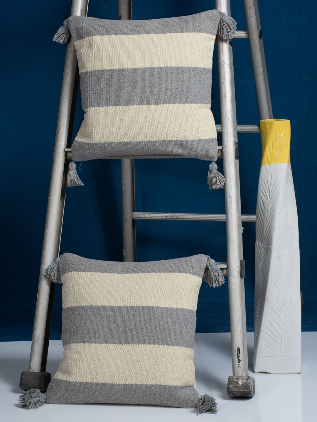 HOSTA HOMES Set Of 2 Grey & Beige Striped Square Cushion Covers-picture-22