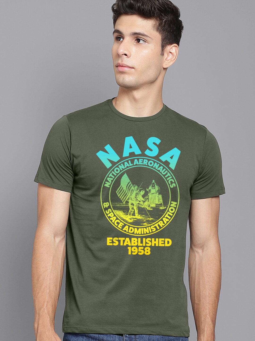 Free Authority Men Green & Yellow NASA Typography Printed T-shirt