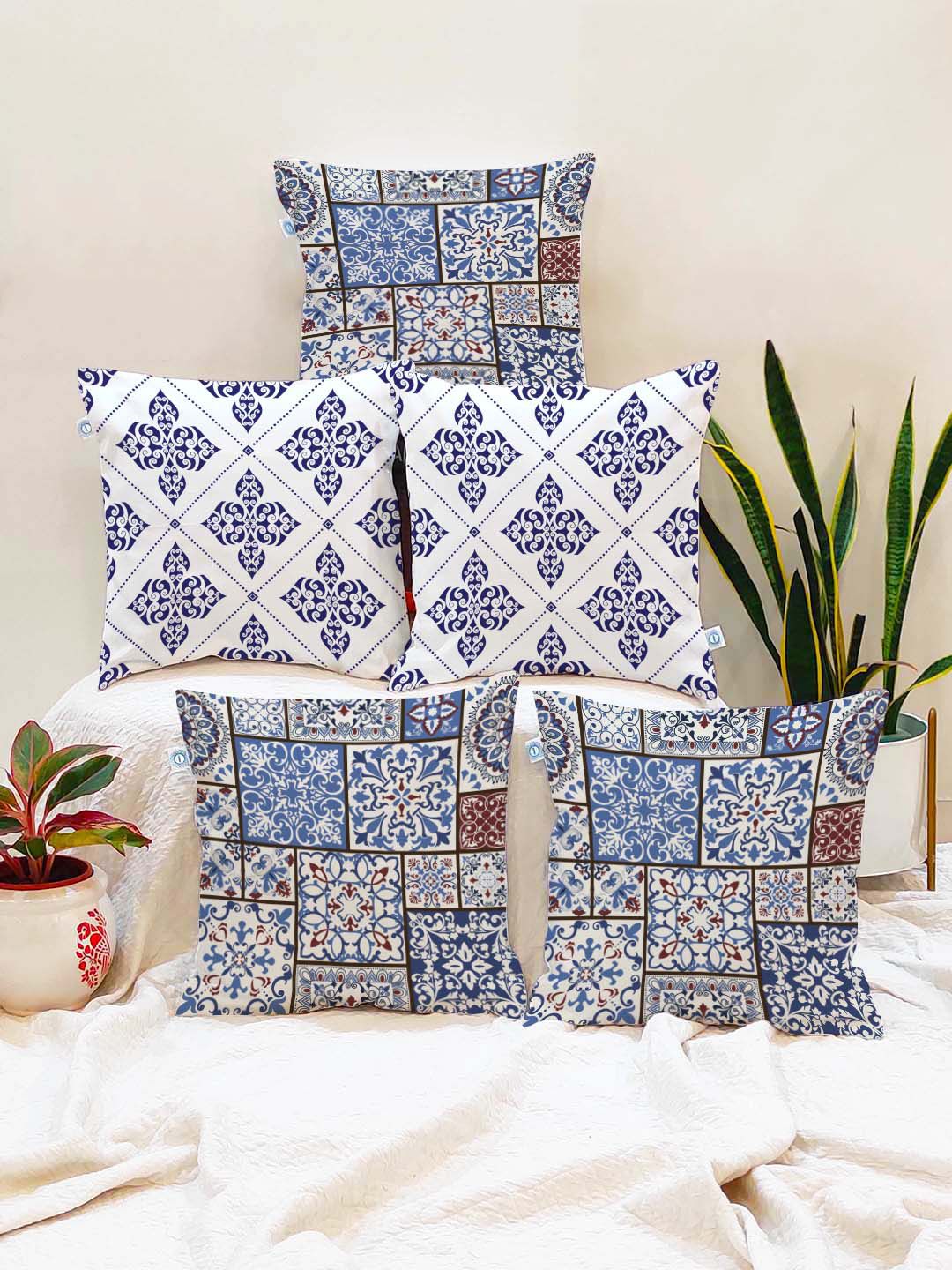 STITCHNEST Blue & White Set of 5 Ethnic Motifs Square Cushion Covers-image-21
