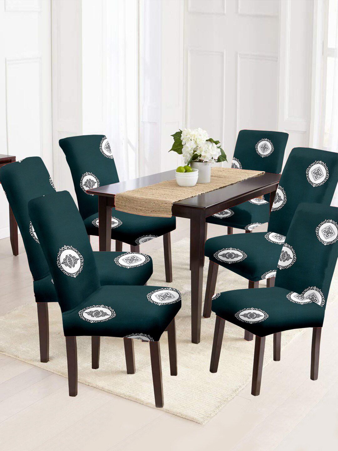 Aura Set Of 6 Green & White Printed Chair Covers-picture-29