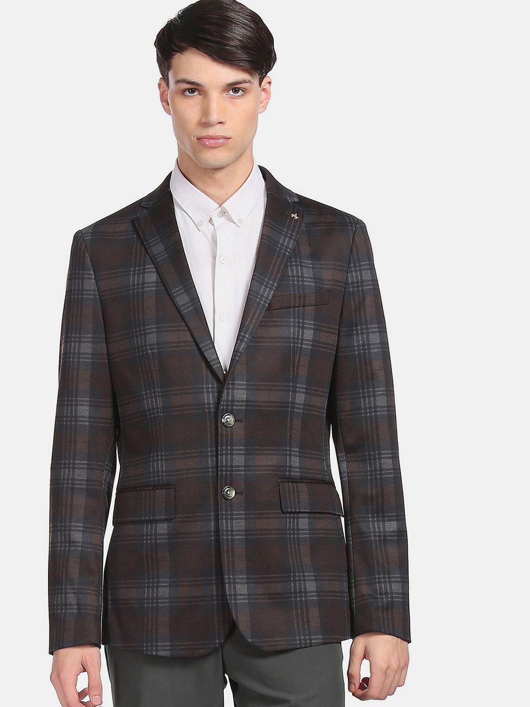 Arrow Men Brown & Grey Checked Single-Breasted Casual Blazer-picture-34