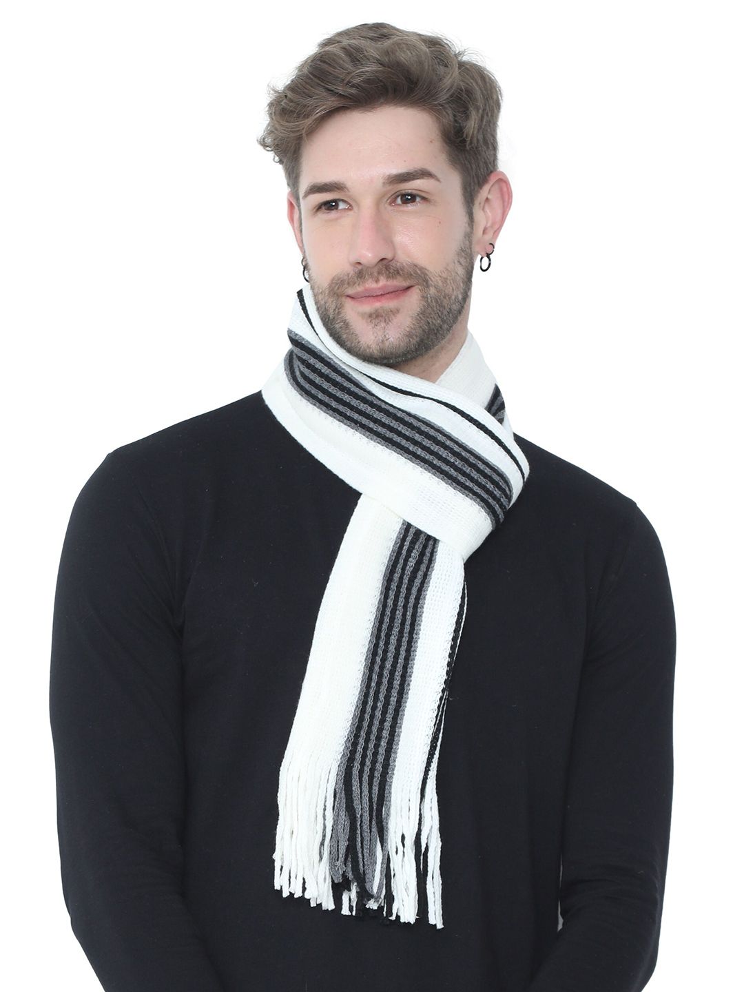 FabSeasons Unisex Grey & White Striped Muffler-image-49